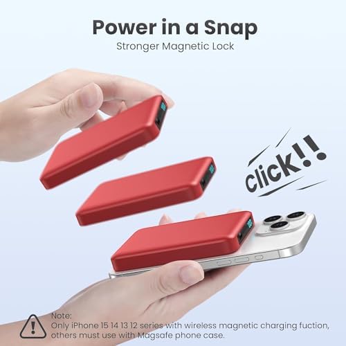 Ultra-Slim Magnetic Portable Charger 10800 m Ah Power Bank with LCD Display – Fast 20 W PD USB-C Input/Output, Wireless Charging for Mag Safe-Compatible i Phones Including 16/15/14/13 Series – Lightweight Travel Essential for On-the-Go Power