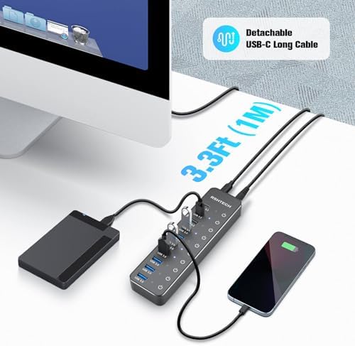 Elevate Your Workspace with RSHTECH 10-Port USB Hub – High-Speed 10 Gbps Data Transfer, 60 W Power Output for Rapid Charging, Individual Touch Controls for Seamless Device Management – Ideal USB-C and USB-A Solution for Laptops and PCs