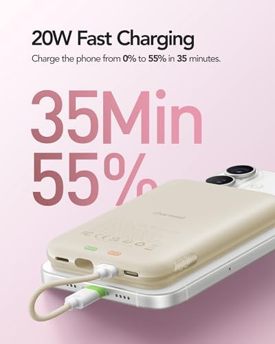 Charmast 10000 m Ah Slim Power Bank – 20 W Fast Charging Portable Charger with Removable Cable for i Phone & Android – Lightweight Hand-Free Battery Pack with Digital Display for Effortless Travel Convenience