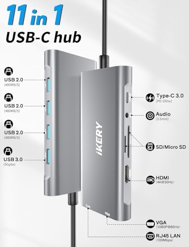 Elevate Your Workstation with the IKERY 11-in-1 USB C Hub – Unleash 4 K HDMI, 1080 P VGA, 100 W Power Delivery, and High-Speed RJ45 Ethernet for Seamless Connectivity – Perfect Laptop Companion for Professionals and Creatives Seeking Efficiency and Versatility in One Sleek Design