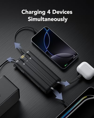 Ultimate 20000 m Ah VRURC Portable Charger with Built-in Cables – Fast Charging Power Bank for Travel, PD & QC 3.0 Compatible, 4 Output Ports & Dual Input, Ideal for i Phone, Samsung, Android Devices – Compact & Durable Battery Pack for On-the-Go Power