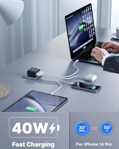 Aioneus 40 W USB C Fast Charging Block – 4-Port Dual PD & QC Wall Charger for i Phone 11-16, i Pad & Samsung Devices – Compact, High-Performance Power Adapter with Enhanced Safety Features for Home & Travel