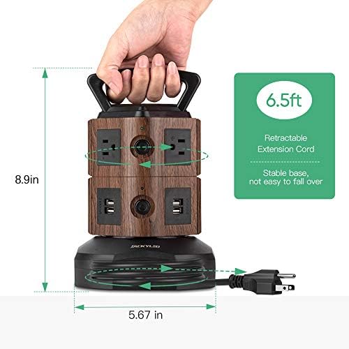 JACKYLED Power Strip Tower Surge Protector with 12 Outlets and 6 USB Ports (2 USB-C) – High-Speed Charging Station with 1050 Joules Protection, 1625 Watts, 6.5 ft Extension Cord for Enhanced Home Office Efficiency and Device Safety