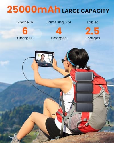 Ultimate SOARAISE 25000 m Ah Solar Power Bank: Fast Wireless Charging with Built-in Cables, Dual USB Outputs, 4 Solar Panels & Triple LED Flashlights for Outdoor Adventures – Reliable Portable Charger for Camping & Emergencies