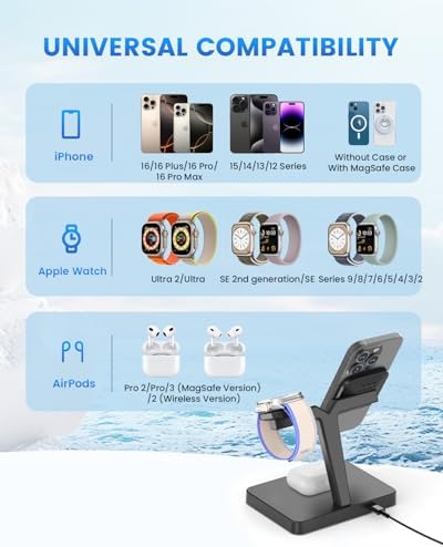 Joy Geek 3-in-1 Foldable Wireless Charging Station for Mag-Safe i Phone – Ultimate Travel Dock for i Phone 12-16 Pro Max, Apple Watch Series 4-10, and Air Pods Pro 2/3/4 – Fast, Compact, and Convenient Power Solution for On-the-Go Charging