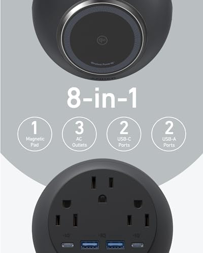 Anker Mag Go 8-in-1 Magnetic Charging Station – Qi2 Certified 15 W Fast Wireless Charger for i Phone 15/14/13 and More – Multi-Functional Power Hub with 3 AC Outlets, 4 USB Ports, Overheating Protection, and Modern Aesthetic for Home & Office Efficiency