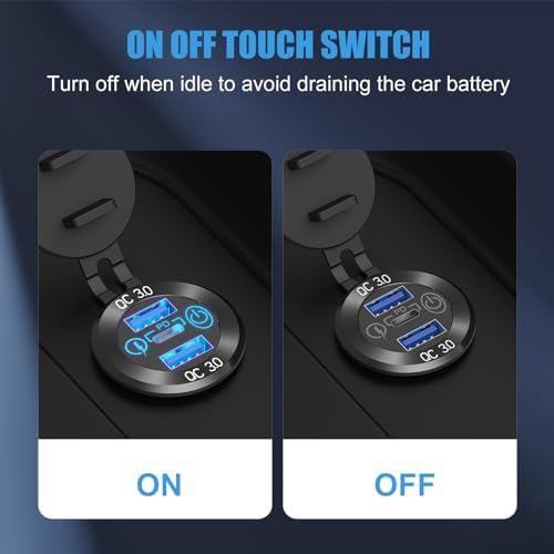 Premium 12 V USB Aluminum Car Charger Socket with PD 3.0 and Dual Quick Charge 3.0 Ports – Waterproof Automotive Charging Solution for Cars, Boats, RVs & Motorcycles – Touch Switch Control & Fuse Wire Kit for Enhanced Safety and Versatility