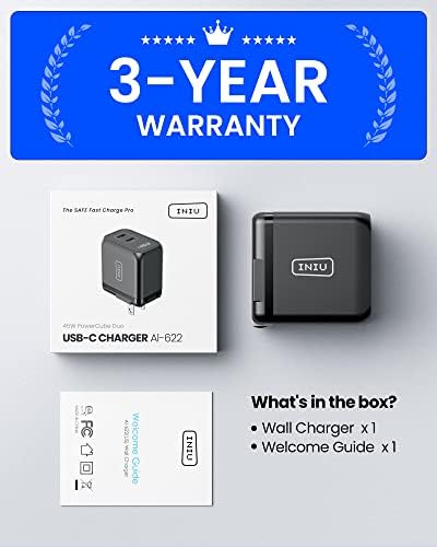 INIU 45 W USB C Fast Charger – Compact Dual Wall Adapter with Samsung Super Fast Charging 2.0, PD Technology for Rapid Power Delivery to i Phone 16/15 Pro, Samsung S23/S22 Ultra, Mac Book Air & More – Travel-Friendly Design with Foldable Prongs for Enhanced Portability and Safety