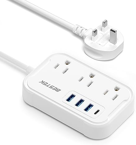 Ultimate BESTEK Type G Travel Power Adapter: 3 AC Outlets & 4 High-Speed USB Ports with 20 W PD for Rapid Charging – Ideal for Hassle-Free US to UK Travel, Compatible in Ireland, Scotland, and Hong Kong – 2.6 ft Flexible Cord for Enhanced Convenience and Multi-Device Power Solutions