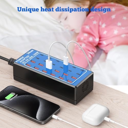 24-Port USB Charging Hub with 100 W Fast Charge Capability – Multi-Device Desktop Station with 12 USB-A & 12 USB-C Ports for Rapid Power Delivery to i Phone, i Pad, Samsung Galaxy, Laptops, and More – Space-Saving Design Ideal for Home or Office Use