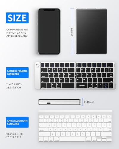 Samsers Portable Foldable Bluetooth Keyboard – Ultra Slim Wireless Keyboard with Stand for i OS, Android & Windows Devices – Rechargeable Multi-Device Travel Keyboard for Effortless Typing on the Go – Sleek Black Design