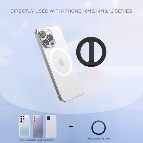 Magnetic 360° Rotating Phone Ring Holder for Mag Safe – Adjustable Kickstand for i Phone 12-16 Series – Secure Grip with Enhanced Usability and Sleek Black Design – Ideal for Selfies, Navigation, and Hands-Free Viewing in Any Environment
