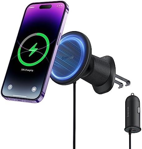 Baseus All-in-One Mag Safe Car Mount: 15 W Fast Wireless Charger & Magnetic Phone Holder for i Phone 15/14/13/12 Pro Max – Includes 40 W USB A Charger & Cable for Effortless Car Charging and Navigation