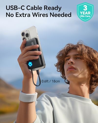 Ultimate INIU Slim 10000 m Ah Power Bank with Built-in USB-C Cable – 20 W Fast Charging for i Phone & Android, Compact Travel Essential for Students & Adventurers, Stylish Blue Design with Real-Time Power Indicator