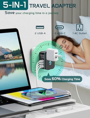 Global Travel Power Adapter with Dual USB-C & USB-A Ports – Compact 240 V AC Charger for International Use in EU, US, UK, AUS – Fast Charging Solution for Modern Travelers – Sleek, Lightweight Design (Black/Blue)