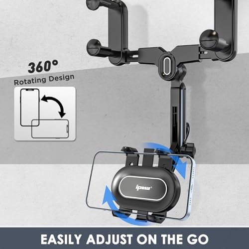 IPOW 2024 Upgraded Large Rearview Mirror Phone Holder – 360° Rotatable & Retractable Car Phone Mount with Anti-Shake Technology for Enhanced Stability & Compatibility – Ideal for Navigation and Hands-Free Communication