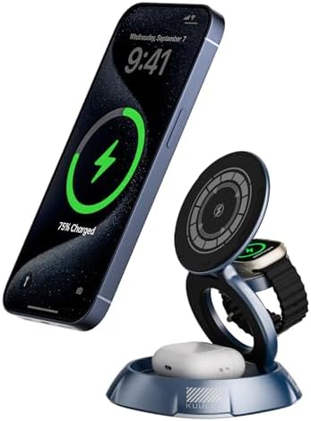 Kuulaa 3-in-1 Portable Wireless Charging Station – Magnetic Fast Charger for i Phone 15/14/13/12 & Air Pods 3/2/Pro – Foldable Design in Stylish Blue for Enhanced Device Organization and Rapid Power-Up Solutions