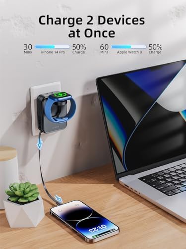 Compact 2-in-1 Apple Watch and i Phone Charger Block with Retractable Cable – Travel-Friendly Wall Adapter for Enhanced Efficiency and Compatibility – Fast Charging Power Solution in Sleek Black Design
