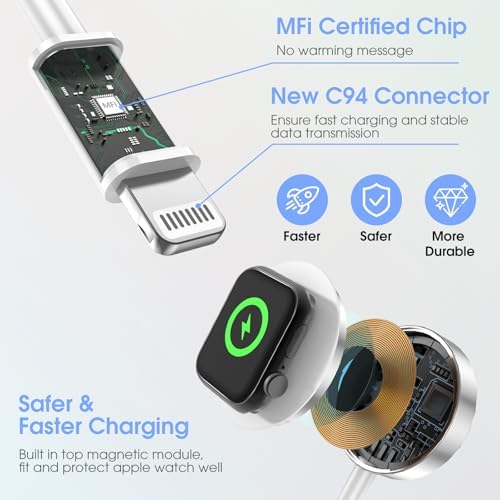 Upgrade Your Charging Experience with the Dual-Function 2-in-1 USB C Fast Charger for i Phone and Apple Watch – 6 FT Magnetic Cable & 15 W MFi Certified Wall Adapter, Perfect for Home and Travel Power Solutions, Seamlessly Compatible with All Apple Watch Series and i Phone 14