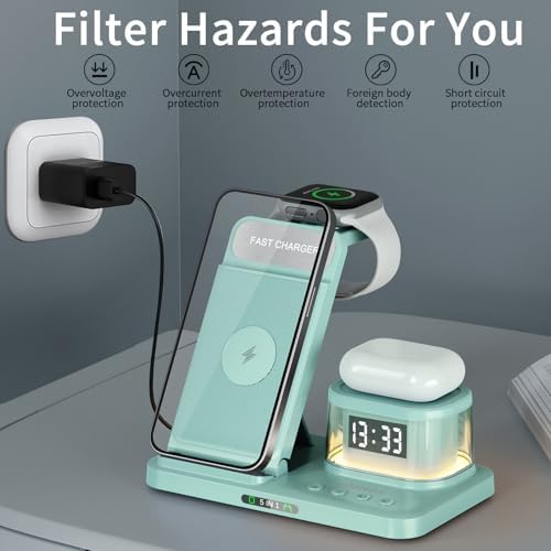 Elevate Your Charging Game: 5-in-1 Foldable Wireless Fast Charger with Integrated Night Light & Transparent Clock for Apple Devices – Ideal for i Phone 16/15/14/13/12/11 Pro Max, Apple Watch, and Air Pods – Sleek Green Design for Ultimate Portability and Style
