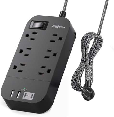10 FT Flat Plug Power Strip with 6 Outlets and 4 USB Ports – Overload Protection Surge Protector for Home & Office – Versatile Wall Mount Desktop Charging Station for Efficient Power Management and Fast Device Charging