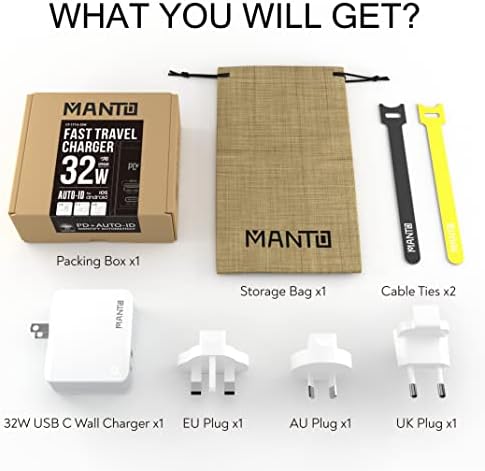 MANTO 30 W Dual Port USB-C Fast Wall Charger with Foldable Plug – Compact Travel Adapter for i Phone 15, i Pad, Samsung Galaxy, and Android Devices – Efficient Charging Solution for Home, Office, and International Use – Enhanced Compatibility and Speed