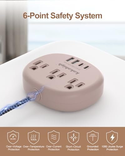 Stylish Brown Extension Cord with 1080 J Surge Protection – 5 FT Flat Braided Design Featuring 3 AC Outlets & 4 USB Ports (24 W/4.8 A) for Fast Charging – Ideal Tan Desk Accessory for Powering Devices Safely & Efficiently