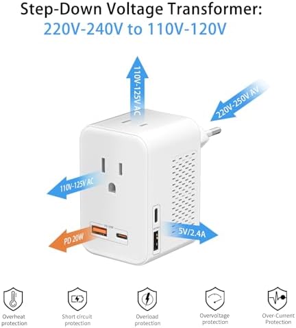 Universal Travel Power Adapter: High-Speed Voltage Converter with Dual AC Outlets and 20 W USB-C Ports for Effortless Charging of US Devices Globally, Ideal for Adventures Across Europe and Beyond