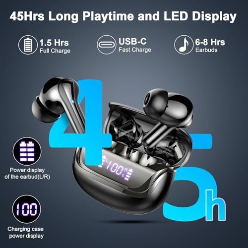 Donerton Advanced Bluetooth 5.4 Wireless Earbuds – Immersive Deep Bass In-Ear Headphones with Quad ENC Mics for Superior Noise Cancellation, 45-Hour Playback, IP7 Waterproof Charging Case – Ideal for Fitness Enthusiasts and Effortless Connectivity