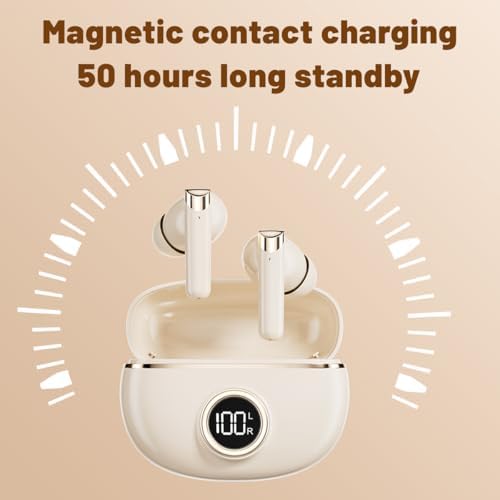 Unleash Your Music with 50-Hour Playtime Wireless Bluetooth Earbuds – IPX7 Waterproof & Noise-Cancelling Technology for Active Lifestyles | Ergonomic Chic Beige Design with Integrated Microphone & LED Battery Gauge for Effortless Connectivity and Ultimate Comfort