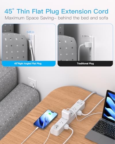 15 ft Heavy-Duty Extension Cord with Surge Protection | 8 AC Outlets & 3 Fast USB Ports | Flat Plug Wall Mount Power Strip for Home & Office | ETL Certified Charging Station for Safe, Efficient Device Management