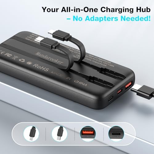 Compact 10,000 m Ah Portable Charger with Built-in Cable and LED Display – High-Speed Power Bank for i Phone, Samsung, i Pad & Android – Four Output Ports for Multi-Device Charging on the Go – Ultimate Travel Companion for Effortless Connectivity and Reliability