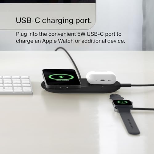 Belkin 15 W Mag Safe-Compatible 2-in-1 Wireless Charging Station – Fast Dual Device Charger for i Phone 16, 15, 14, 13 Series & Air Pods – Sleek Sand Design for Effortless Portability and Seamless Power Solutions