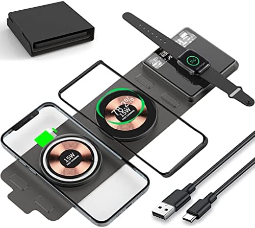 Revolutionize Your Charging Experience with the Dual 15 W Foldable Magnetic Wireless Charger – 3-in-1 Travel Essential for i Phone, Samsung, Apple Watch, and Air Pods – Fast, Efficient, and Universally Compatible with Mag Safe Devices for On-the-Go Power