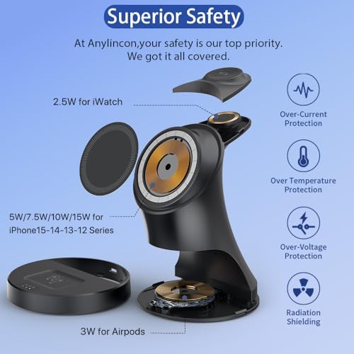 Magnetic 3-in-1 Wireless Charger Stand for i Phone 16/15/14/13/12, Apple Watch & Air Pods Pro – Fast Charging Dock with Intelligent Safety Features and Sleek Design for Effortless Device Organization