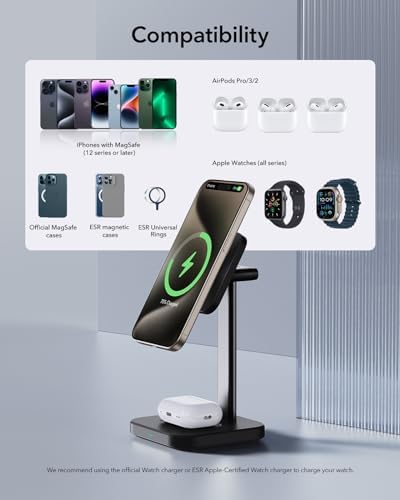 Ultimate ESR 2-in-1 Mag Safe Charging Station for Apple Devices – Fast Wireless Charger Stand for i Phone 16/15/14/13/12, Apple Watch, & Air Pods – Sleek Black Design for Dual Device Convenience and Enhanced Speed