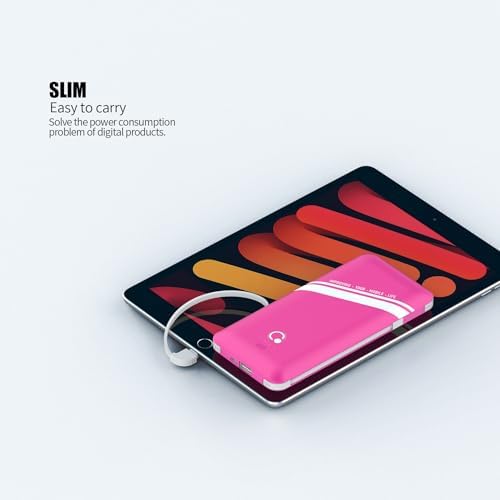 Sleek Pink 10000 m Ah Power Bank – Q Slim Portable Charger with Built-in AC Plug & Dual USB-C Cables for Rapid Charging – Four Output Ports for Universal Mobile Device Compatibility – Perfect for On-the-Go Power Solutions