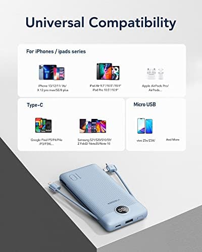 VEGER Ultra-Slim 10,000 m Ah Portable Charger with Built-in Cables and Integrated Wall Plug – Fast Charging Power Bank for i Phone, i Pad, Samsung, and More – Essential Travel Battery Pack for On-the-Go Charging and Enhanced Device Compatibility