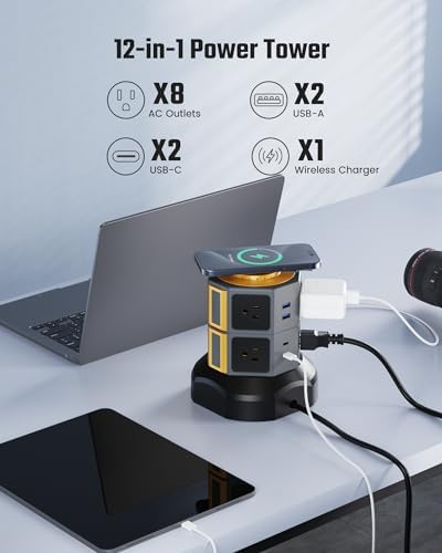 Revolutionize Your Charging Setup with SUPERDANNY Power Strip Tower – 15 W Wireless Charger, 6.5 Ft Retractable Cord, 1050 J Surge Protection, 8 Outlets & 4 USB Ports (2 USB-C) for Ultimate Home and Office Versatility