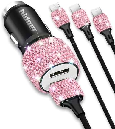 Chic Dual-Port Fast USB Car Charger with Dazzling Multicolor Crystal Accents – 4 ft 3-in-1 Charging Cable Included – Effortlessly Compatible with i Phone, i Pad, and Android Devices – Ultimate Stylish Auto Accessory for Modern Women on the Move