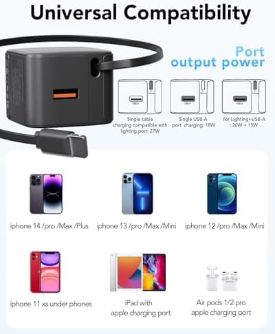 Revolutionary 35 W PD Fast Charging Retractable Wall Charger with Built-in Type-C Cable & USB Port – Ultra-Compact, Foldable Design Ideal for i Phone 16/15, Galaxy S25, and Pixel Devices – Unmatched Portability and Device Safety for Dynamic Lifestyles