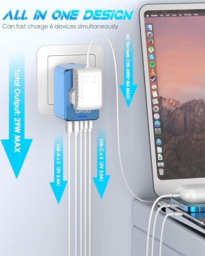 Global Travel Companion: High-Performance Universal Adapter with 6 A Output, Featuring 3 USB-C & 2 USB-A Ports for Swift Charging Across 200+ Countries – Perfect Solution for EU, US, UK, AU and Beyond