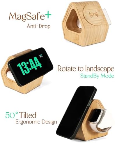 Eco-Friendly Bamboo 3-in-1 Wireless Charging Station: Fast Mag Safe Charger for i Phone 16-12, Apple Watch Ultra, and Air Pods Pro – Sleek Design for Efficient Multi-Device Charging