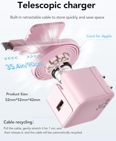 Rapid 35 W Ga N USB Wall Charger with Retractable Lightning Cables – Portable and Sleek Charging Solution for i Phone 14/13/12 & i Pad – Tangle-Free Design for Effortless Travel and Enhanced Compatibility with Apple Devices