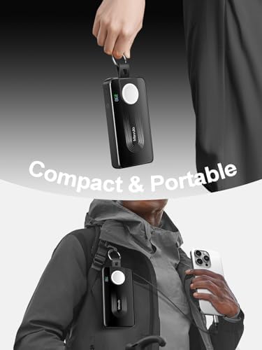 Mavulo Ultra-Fast Wireless Power Bank for Apple Devices – 10000 m Ah Portable Keychain Charger with Retractable USB-C Cable, 20 W Quick Charge Capability, LED Battery Indicator – Compatible with i Phone 15/16, i Pad, Air Pods Pro, and Apple Watch – Sleek Black Design for On-the-Go Power Solutions