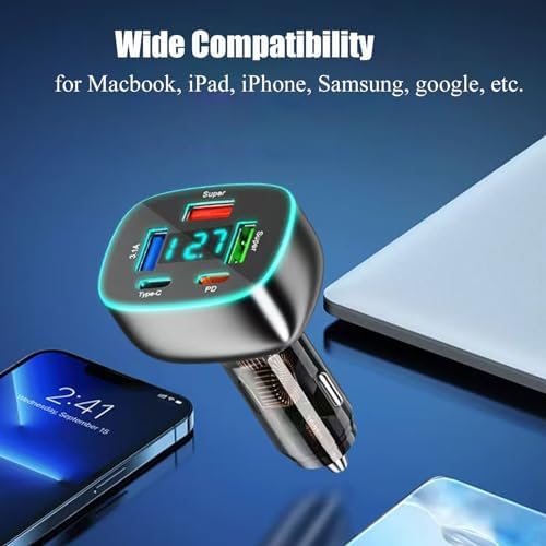 5-Port USB C Car Charger with Dual PD 30 W Fast Charging & Voltage Display – Multi-Device Compatibility for Mac Book, i Phone 16/15 Pro Max, Samsung, Huawei & Android – Efficient Cigarette Lighter Adapter for On-the-Go Power