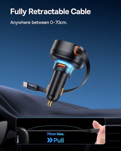 Baseus 33 W Retractable Dual USB-C Car Charger – Fast Charge Your Samsung Galaxy & Tablets on the Go, Sleek Black Design, Compact & Portable, Enhanced Safety Features for Effortless Travel Power Solutions