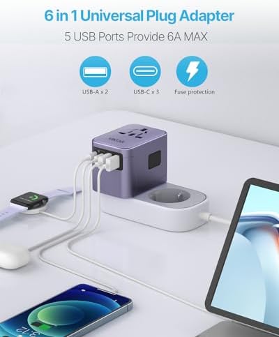 VINTAR Universal Travel Adapter: All-in-One Power Converter with 6 A Output, 3 USB-C and 2 USB Ports for Fast Global Charging Across Europe, UK, USA, and Australia – Essential Travel Accessory for Effortless Device Connectivity and Safety Features