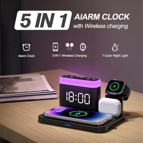 Revolutionize Your Charging Experience: ANJANK 3-in-1 Wireless Charging Station with Alarm Clock & Night Light – Mag-Safe Dock for i Phone 11-16, Apple Watch 10/9/8/7/Ultra/SE & Air Pods – Enhanced Speed, Sleek Design & Versatile Functionality for Home or Office