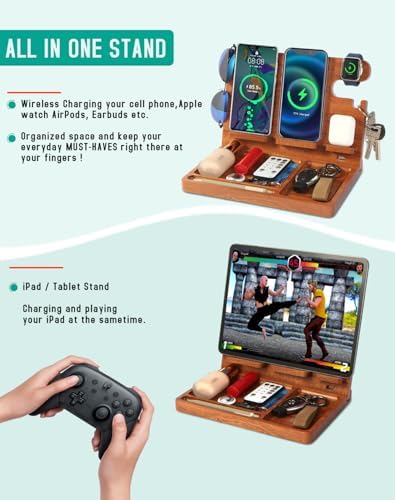Sleek Wooden Nightstand Organizer with 4-in-1 Wireless Charging Station for i Phone & Android, Fast 27 W Charger for Apple Watch and Air Pods, Stylish Wallet & Key Holder – Perfect Gift for Men and Tech Lovers